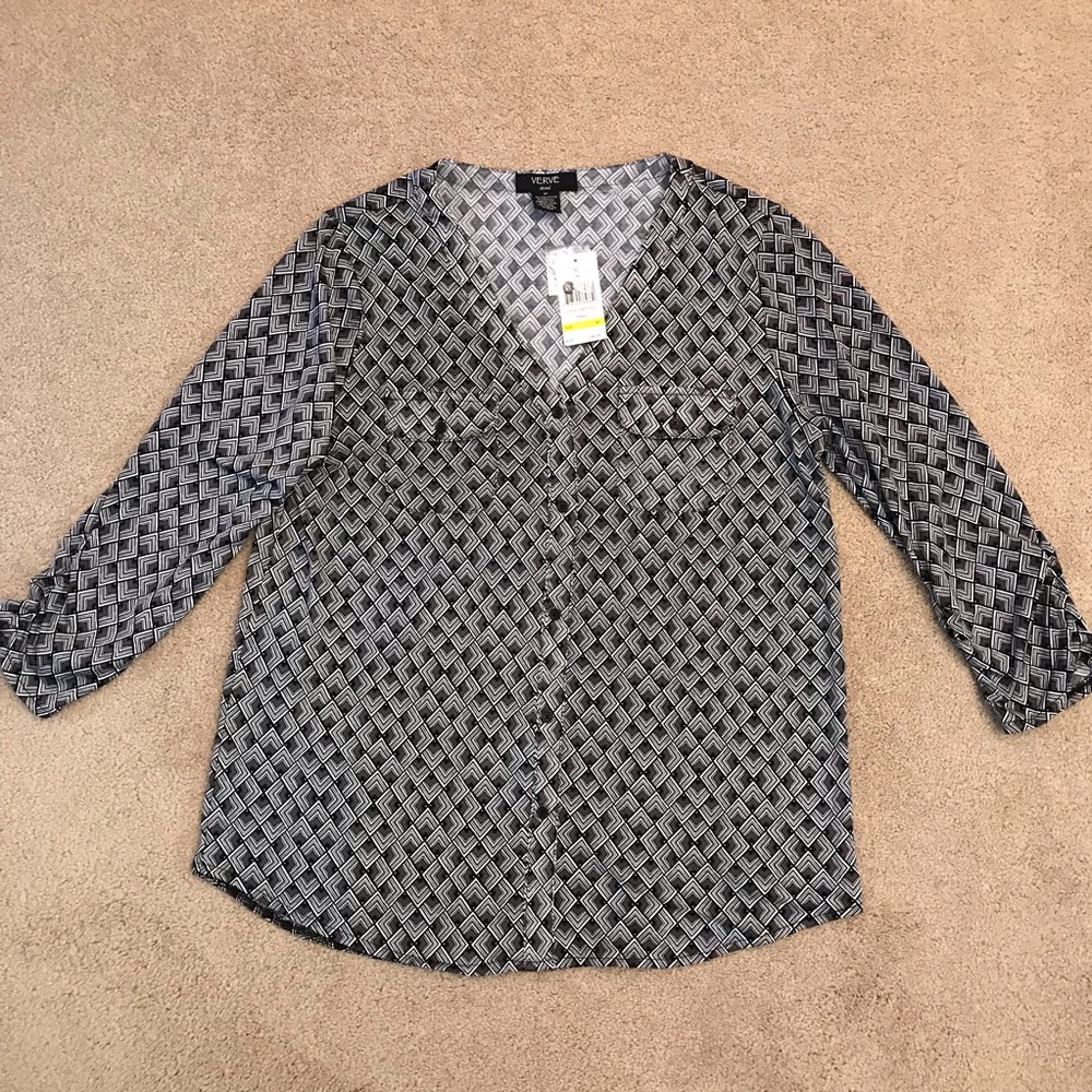 Verve Ami Georgette Blouse NEW Size Medium Black Grey V Neck Career Office